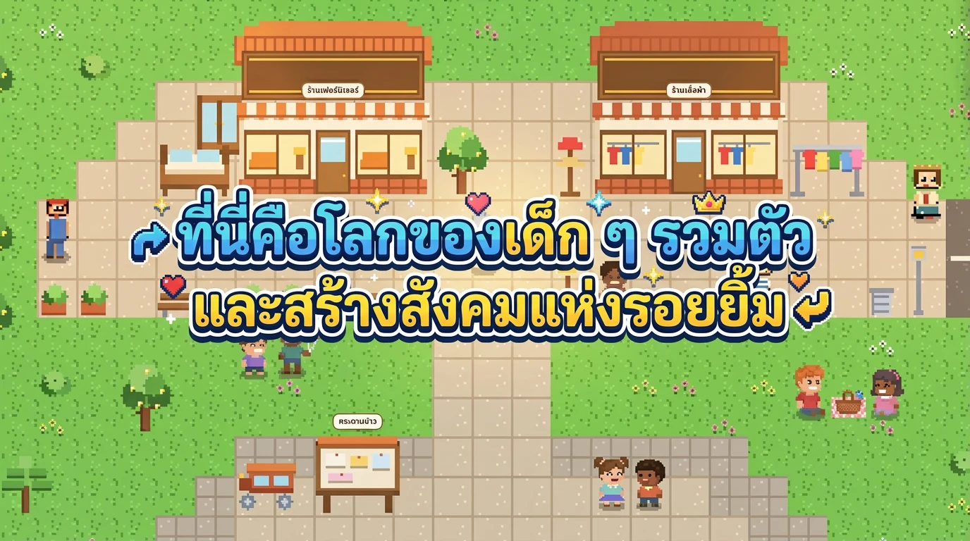 เมืองของเด็กๆ — ร้านค้า ลานกลางเมือง และเด็กๆ ที่มาเล่นด้วยกัน